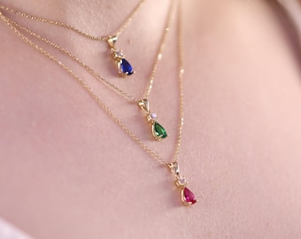 14k Gold Pear Ruby, Sapphire, or Emerald Diamond Necklace
