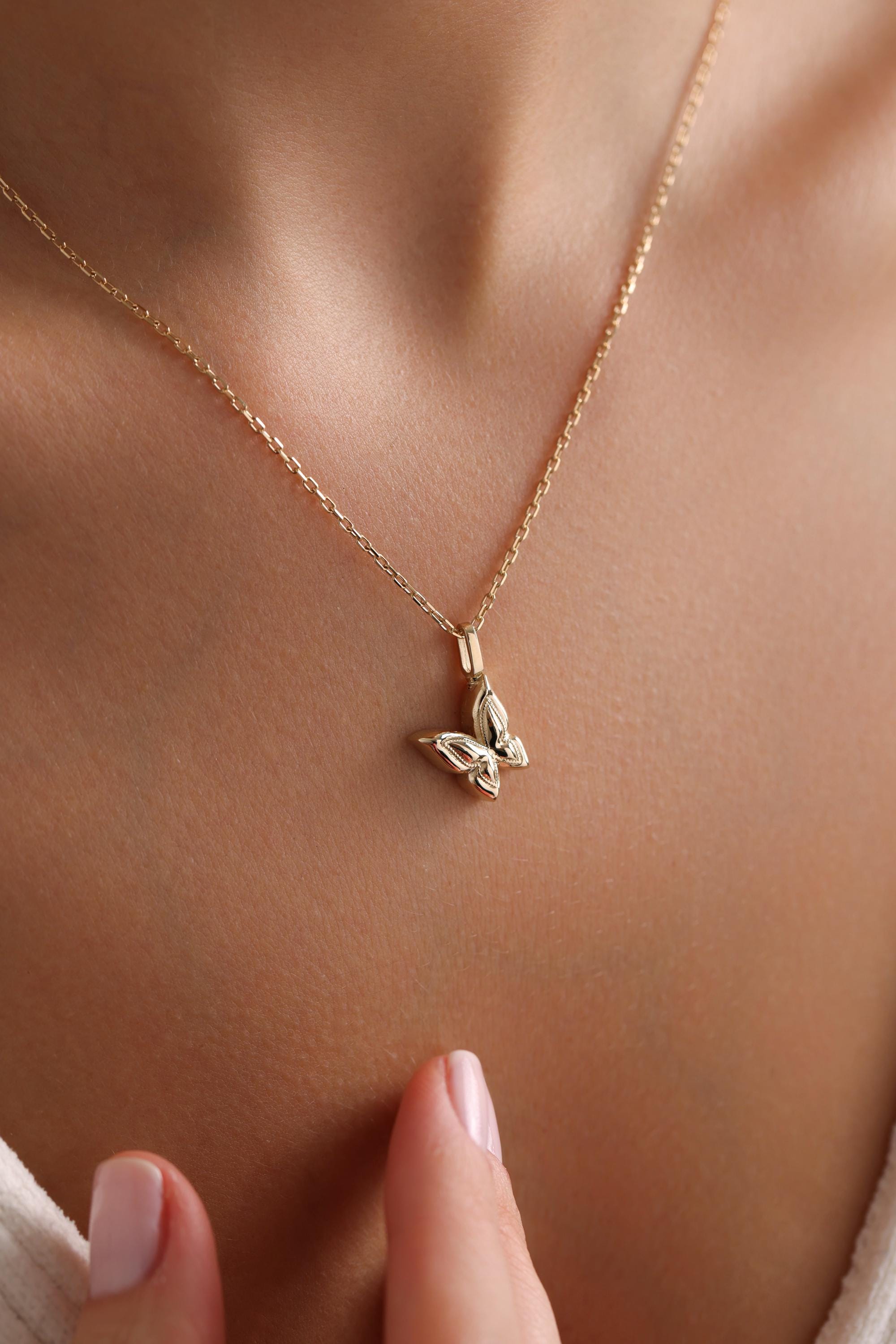 14k Solid Gold Cremation Urn Butterfly Necklace, Personalized Ash Holder Butterfly Necklace, Memorial Keepsake Jewelry, Remembrance Pendant
