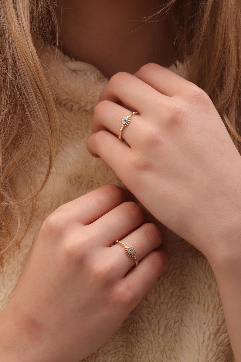 Handmade Gold Enamel Evil Eye Ring / 14k & 18k Evil Eye Ring / Evil Eye Ring Available in Gold, Rose and White Gold 画像 6