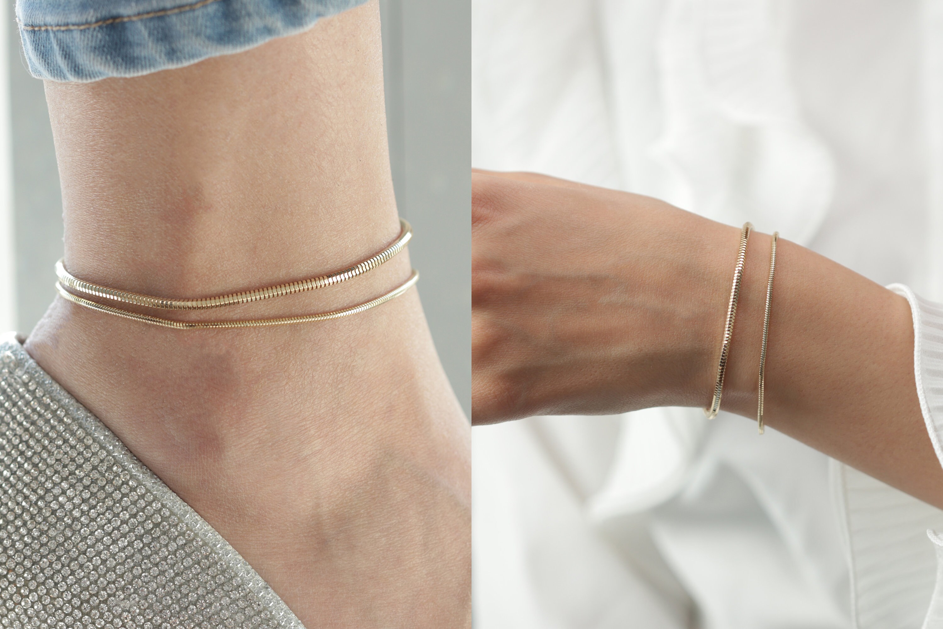 14k Gold Snake Bracelet or Anklet 2.40MM or 1.60MM / Handmade Etsy