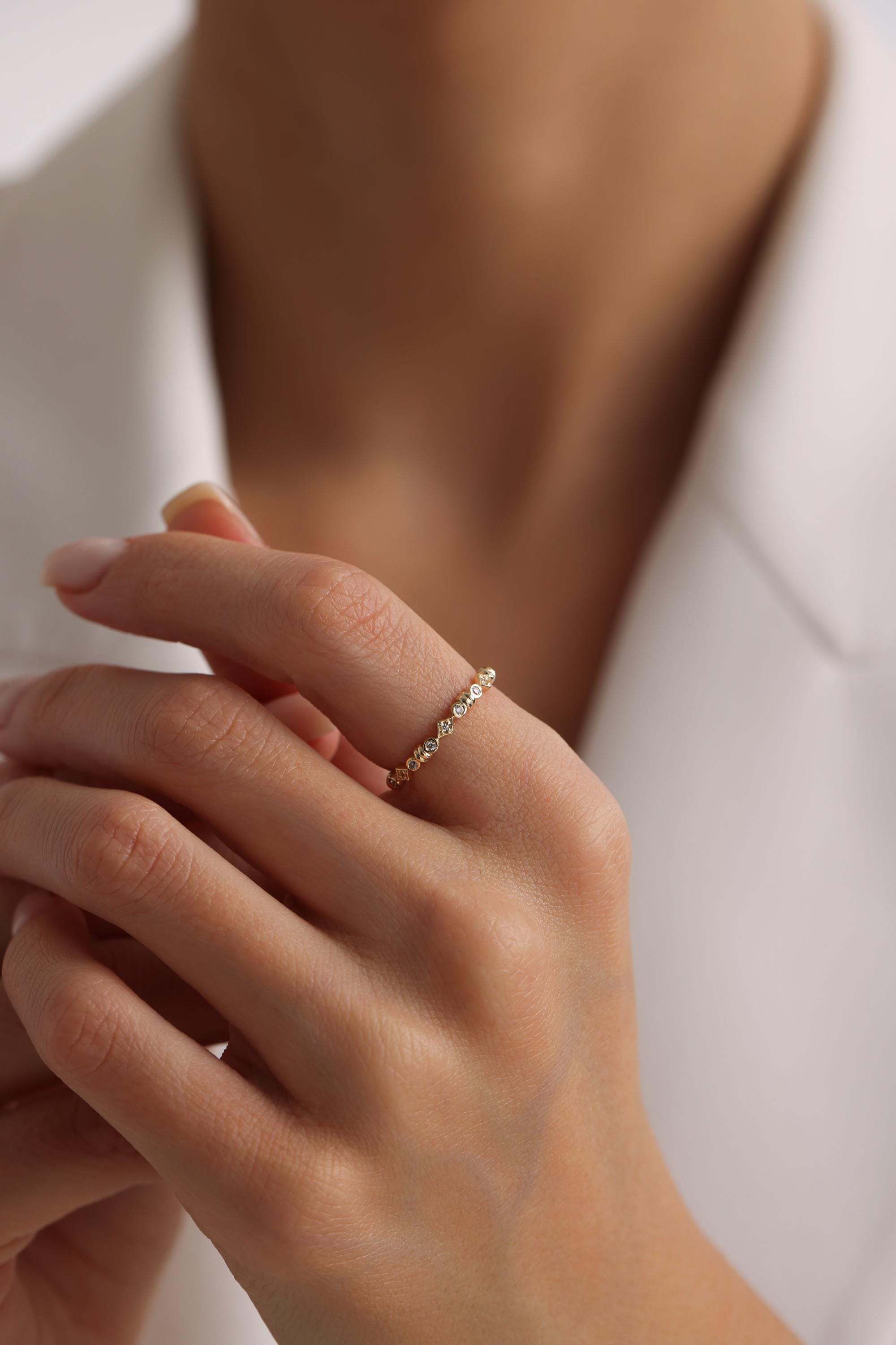 14K Solid Gold Minimalist Ring With Diamond Accents – Dainty Stacking ...