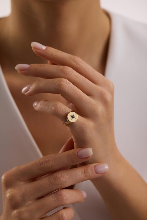 14k Gold Starburst Signet Ring, Sapphire North Star, Celestial