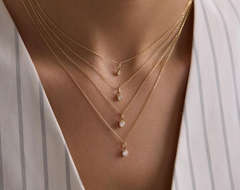 14K Solid Gold Diamant Anhänger Halskette, Deinty Solitaire Halskette, Minimalist Layering Schmuck, Feingold Geschenk für Sie, Weihnachtsgeschenk