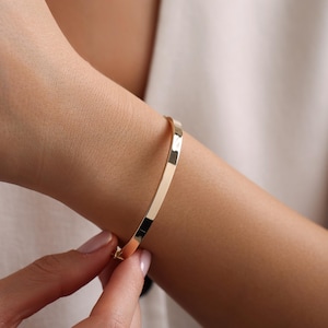 14k Flat Gold Bracelet Bangle, 4MM Hinged Bangle Bracelet, Classic Solid Gold Bracelet, Plain Gold Wide Bangle, Gift, Valentine&#39;s Gift
