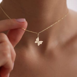 14K Solid Gold Dainty Butterfly Necklace for Women, Minimalist Butterfly Pendant Necklace, Engraved Butterfly Necklace, Mother&#39;s Day Gift