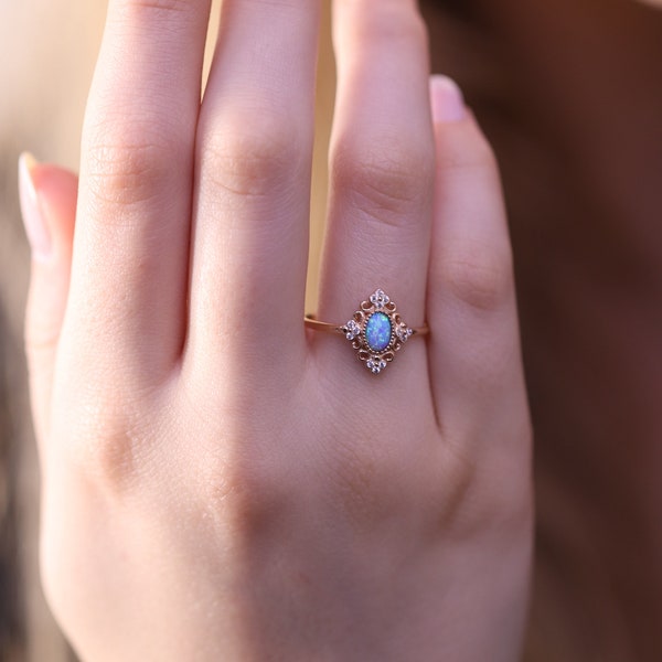 14k - 18k Blue, White Opal Ring / Gold Opal Ring / Opal Jewelry / Blue, White Gold Opal Ring / Dainty Gold Ring / Wedding Engagement Gift