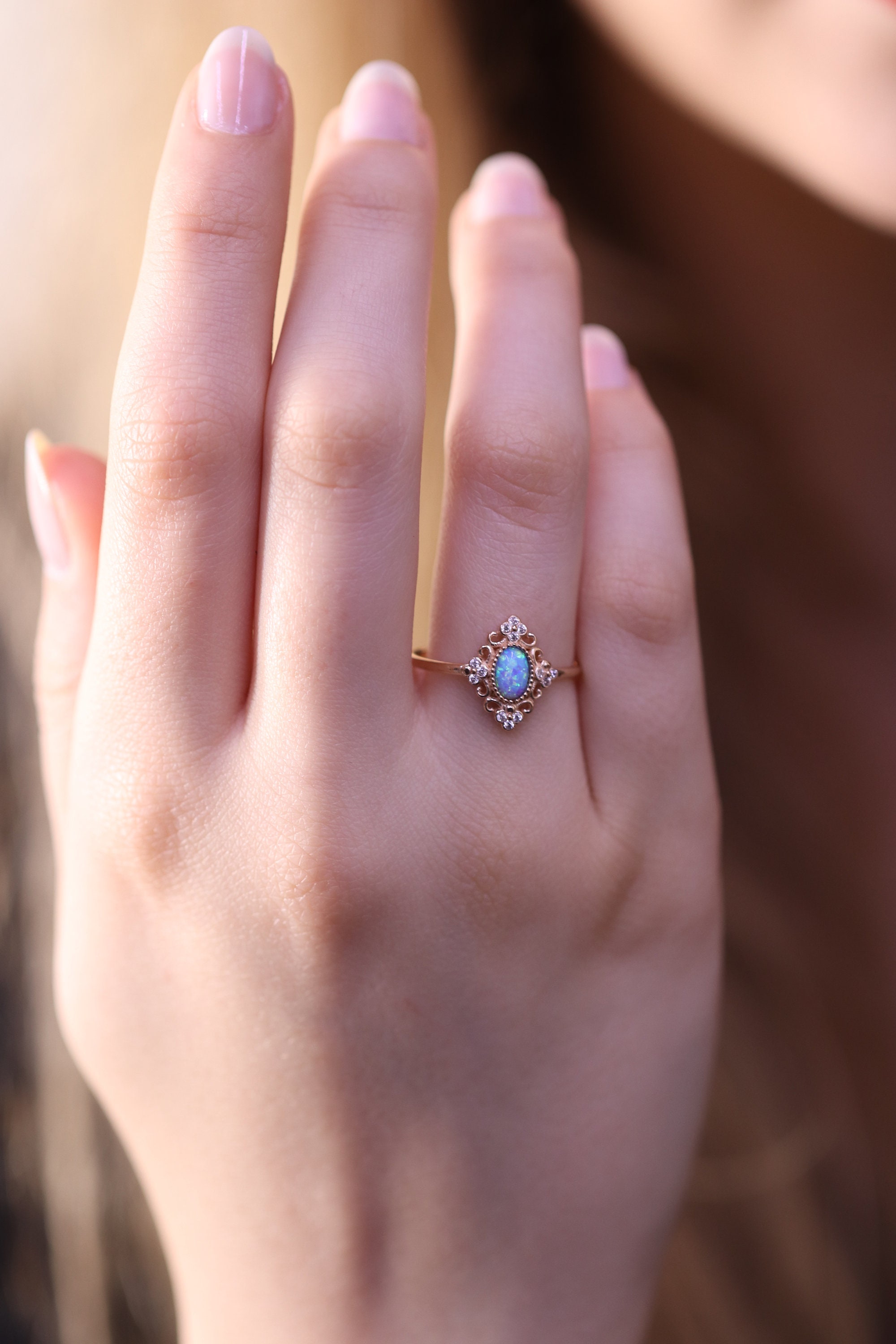 14k - 18k Blue, White Opal Ring / Gold Opal Ring / Opal Jewelry / Blue, White Gold Opal Ring / Dainty Gold Ring / Wedding Engagement Gift