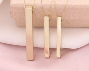 14k Handmade Gold Bar Necklace / Four Sided Engraved Necklace / 3D Gold Bar Necklace / Christmas Gift / Mothers Day Gift