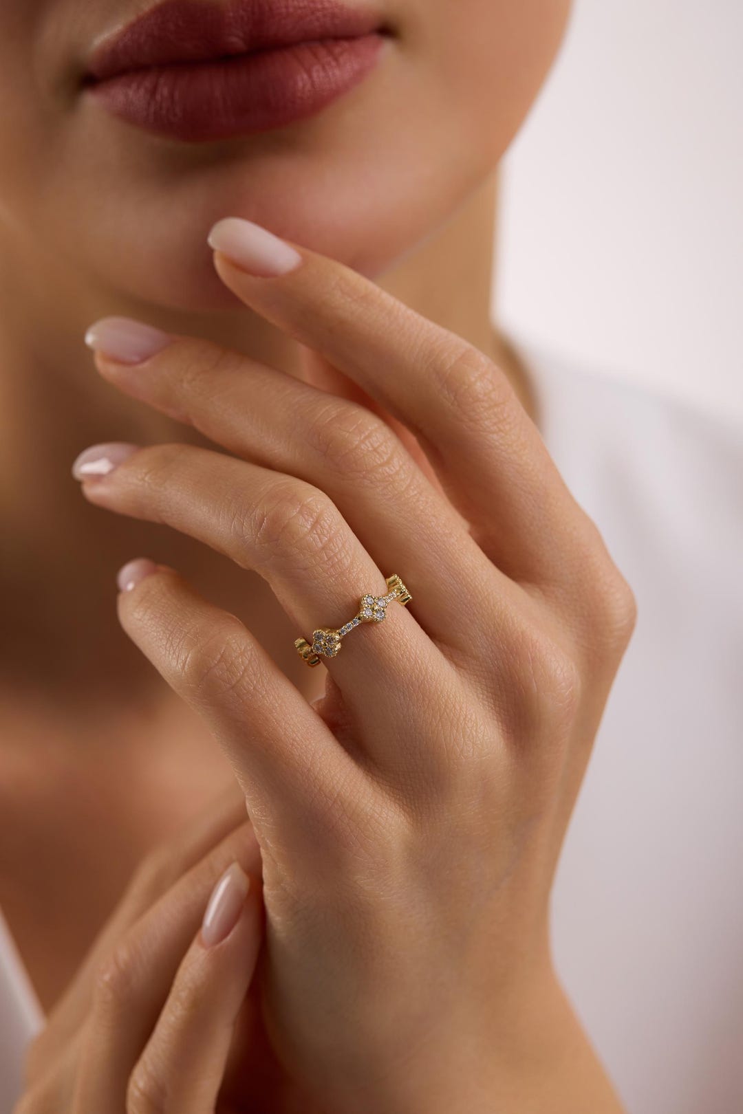 14k CZ Floral Gold Ring, Dainty Gold Ring, Minimal CZ Ring, Stackable ...