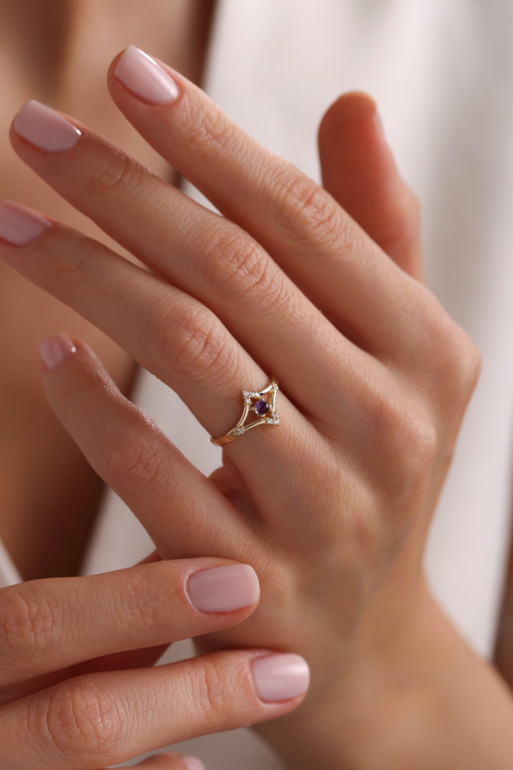 14K Gold Amethyst Ring, February Birthstone Jewelry, Unique Geometric ...