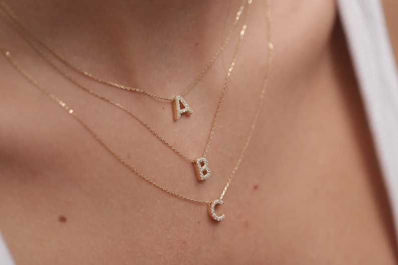 14k 18k Gold Diamond Letter Necklace / Handmade Diamond Initial Necklace / Gold Initial Necklace Available in Gold, Rose Gold and White Gold image 2