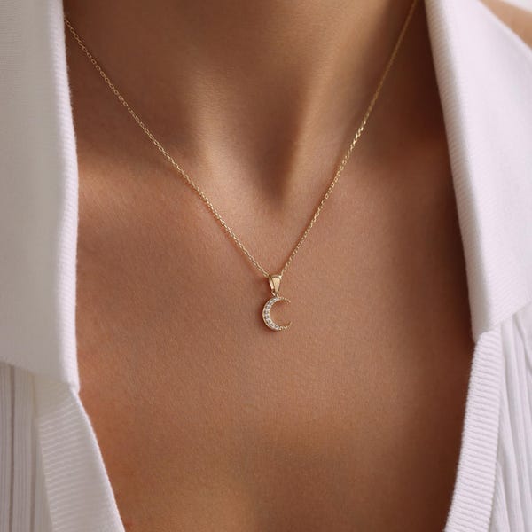 14K Solid Gold Crescent Moon Necklace – Dainty Celestial Pendant with Stones, Minimalist Jewelry, Moon Lover Gift, Christmas Necklace