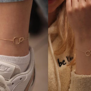 14k 18k Gold Infinity Bracelet-Anklet / Handmade Dainty Double Circle Interlocking Bracelet/Layering Bracelet in Gold, Rose Gold, White Gold