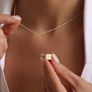 May include: A gold-colored necklace with a small pendant and a cube-shaped charm. The charm features a paw print design. The necklace is displayed against a person's skin and white shirt.
