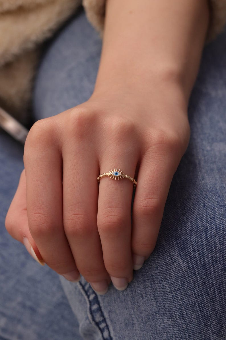 Handmade Gold Enamel Evil Eye Ring / 14k & 18k Evil Eye Ring / Evil Eye Ring Available in Gold, Rose and White Gold 画像 2