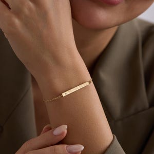 14k 18k Real Gold Urn Bar Bracelet with Diamond, Handmade Memorial Four Sided Engraved Bracelet Gold 3D Bar Waterproof Bar image 2