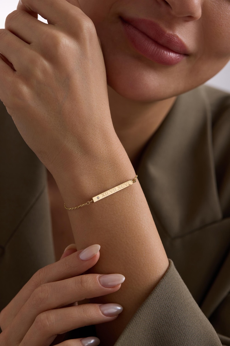 14k 18k Real Gold Urn Bar Bracelet with Diamond, Handmade Memorial Four Sided Engraved Bracelet Gold 3D Bar Waterproof Bar image 2