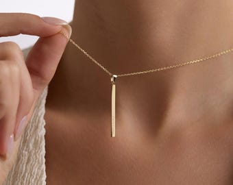 14k Solid Gold Vertical Bar Necklace • Minimalist Gold Pendant • Dainty Everyday Necklace • Fine Jewelry Gift for Her • Simple Gold Chain
