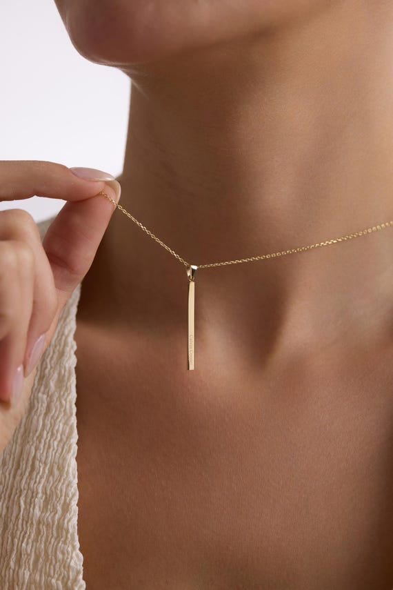 14k Solid Gold Vertical Bar Necklace • Minimalist Gold Pendant • Dainty Everyday Necklace • Fine Jewelry Gift for Her • Simple Gold Chain