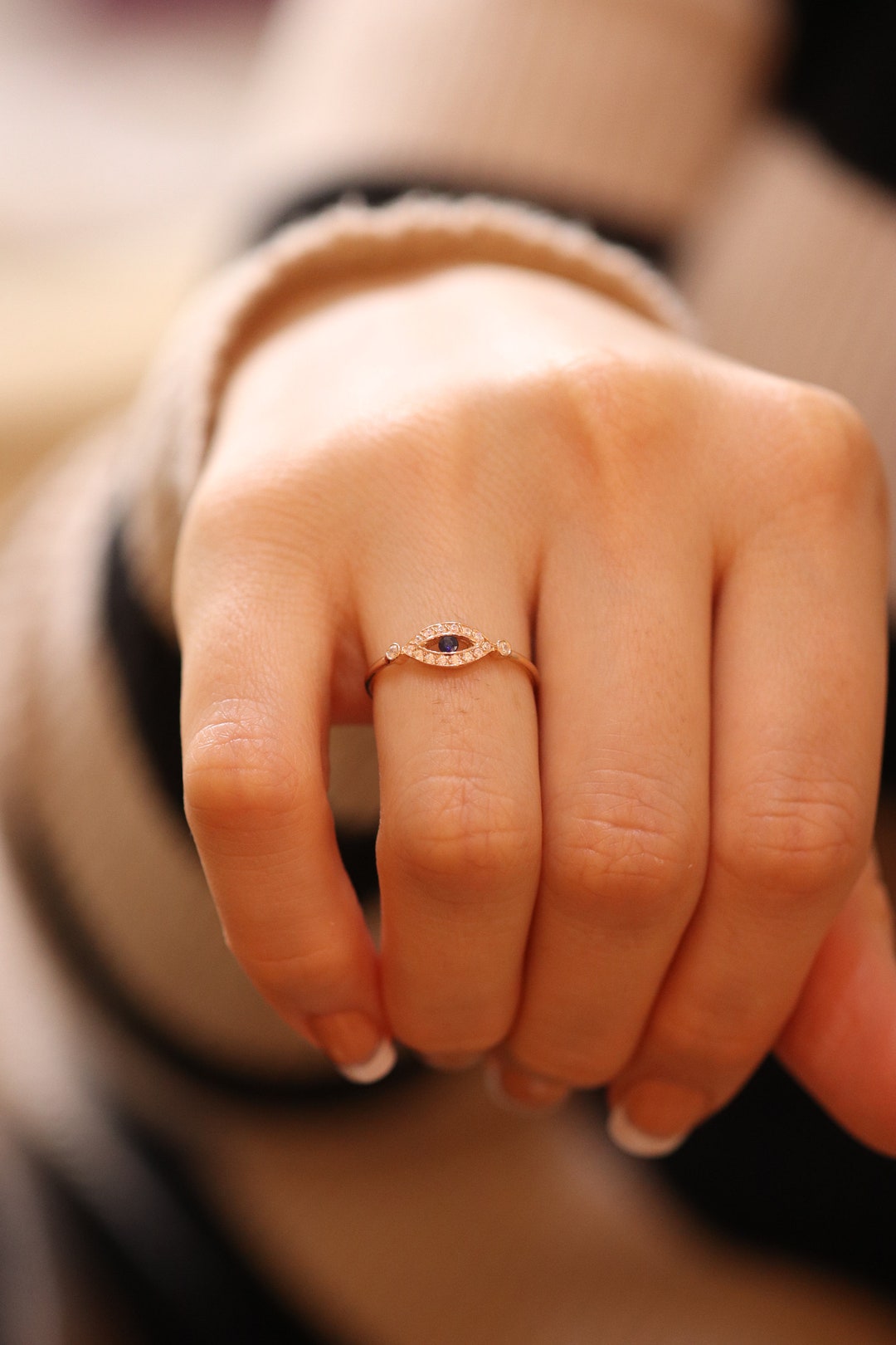 Diamond Eye Ring / Handmade Sapphire Eye Ring / 14k & 18k Gold Eye Minimalist Ring Available in