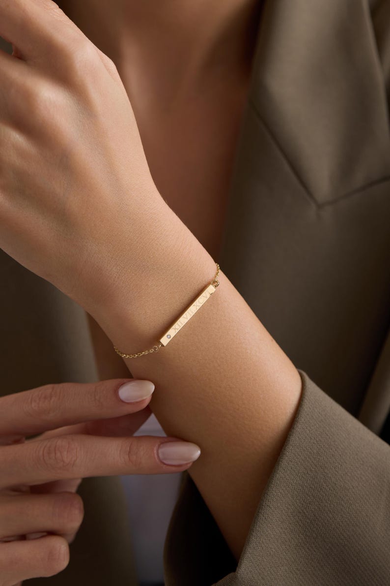 14k 18k Real Gold Urn Bar Bracelet with Diamond, Handmade Memorial Four Sided Engraved Bracelet Gold 3D Bar Waterproof Bar image 3