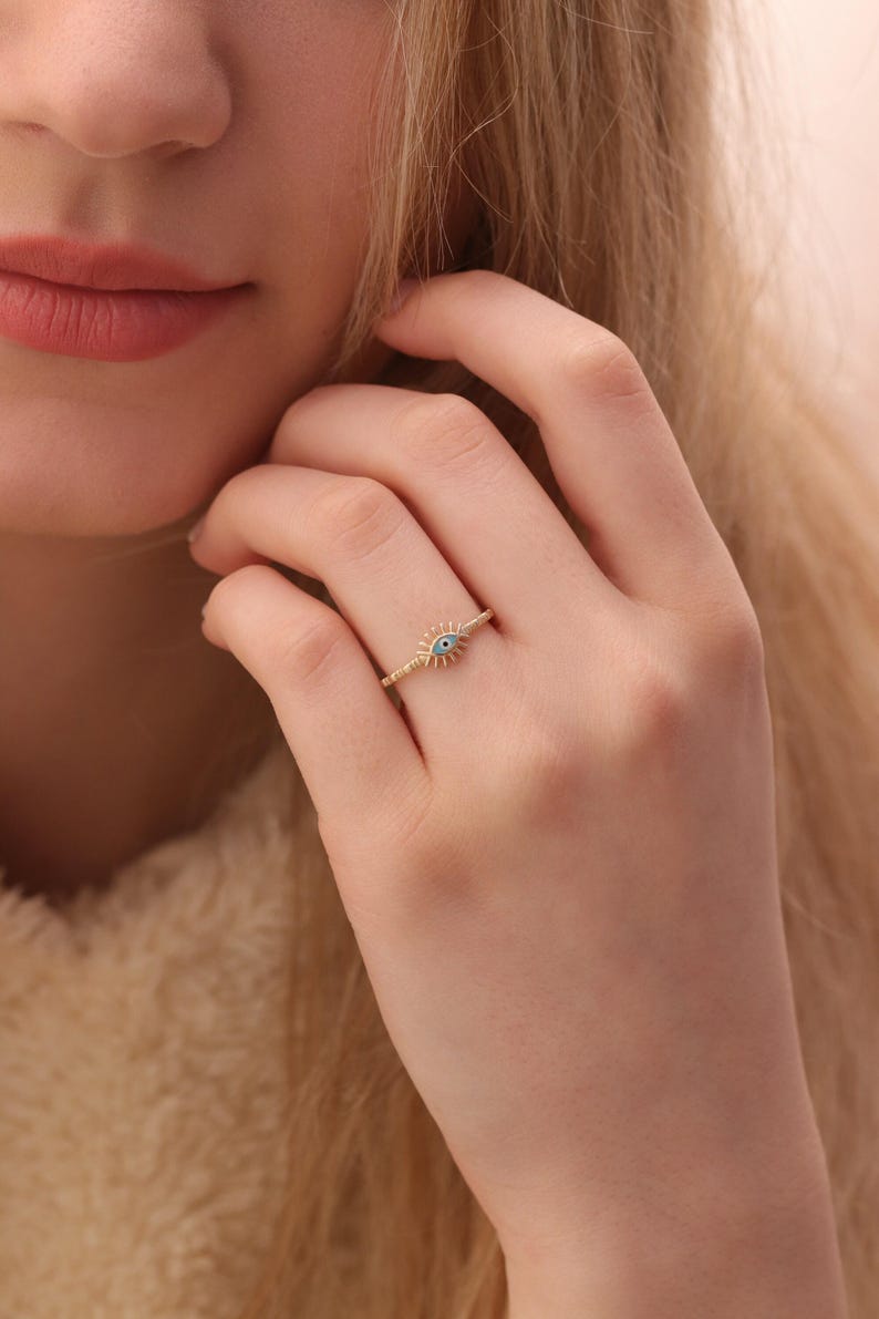 Handmade Gold Enamel Evil Eye Ring / 14k & 18k Evil Eye Ring / Evil Eye Ring Available in Gold, Rose and White Gold 画像 3