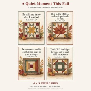 Four fall quilt-board Scripture cards with star, maple leaf, log cabin, and churn dash designs, KJV verses about stillness, and tiny red glasses. Each card measures 4x5 inches. Digital download.