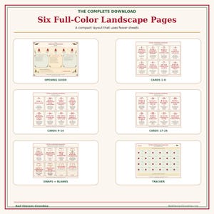 May include: A digital download set featuring six full-color landscape pages titled The Complete Download. The pages include an opening guide, cards numbered 1 through 24 with Christmas activities, a swaps and blanks sheet, and a tracker grid.