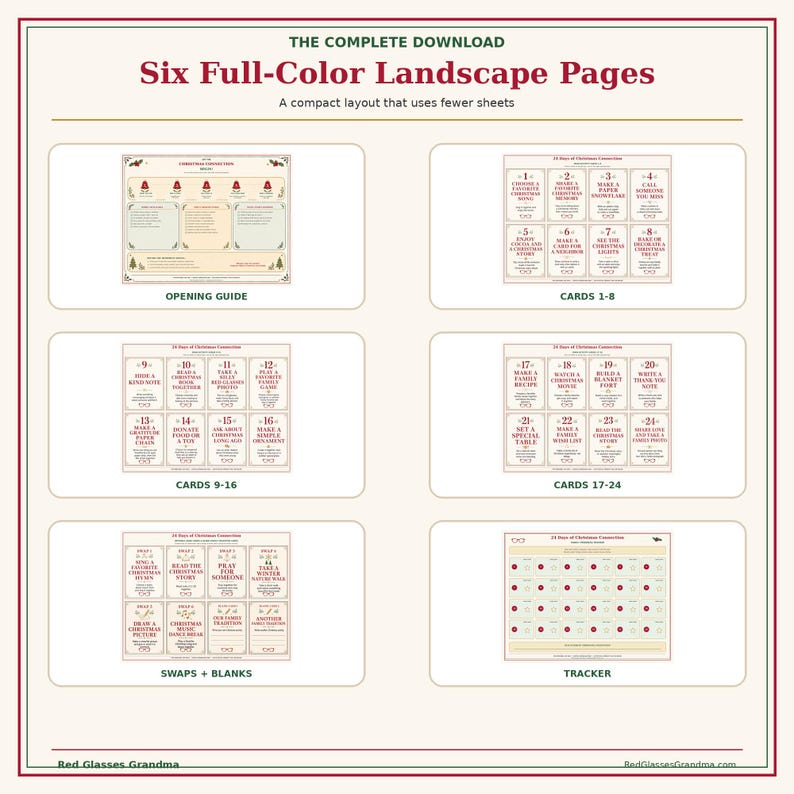 May include: A digital download set featuring six full-color landscape pages titled The Complete Download. The pages include an opening guide, cards numbered 1 through 24 with Christmas activities, a swaps and blanks sheet, and a tracker grid.
