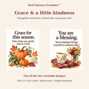 Two included fall cards: Notice the little gifts with a fruit basket and bird, and Held in every season with a yellow cottage. The cottage card includes a message about God’s steady love.