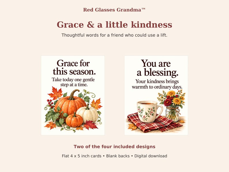 Two included fall cards: Notice the little gifts with a fruit basket and bird, and Held in every season with a yellow cottage. The cottage card includes a message about God’s steady love.