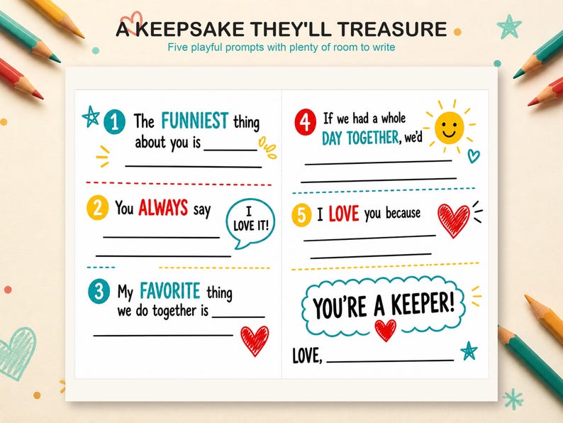Puede incluir: Una tarjeta rectangular blanca con el texto A KEEPSAKE THEY'LL TREASURE y Five playful prompts with plenty of room to write. La tarjeta incluye cinco indicaciones numeradas para completar, decoradas con iconos coloridos dibujados a mano como corazones, un sol y estrellas.
