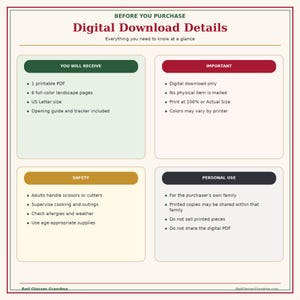 May include: An informational graphic titled Digital Download Details with four sections: You Will Receive, Important, Safety, and Personal Use. It outlines that the product is a digital PDF, US Letter size, for personal use only, and includes safety tips.