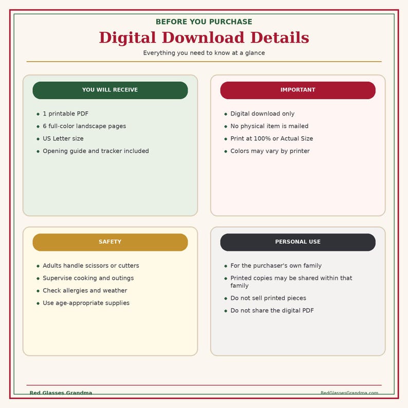 May include: An informational graphic titled Digital Download Details with four sections: You Will Receive, Important, Safety, and Personal Use. It outlines that the product is a digital PDF, US Letter size, for personal use only, and includes safety tips.