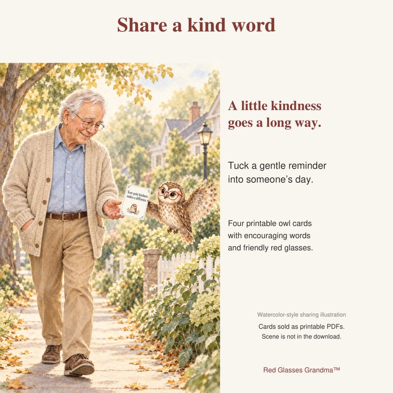A red-glasses owl hands an encouragement card to a smiling older man on a leafy neighborhood sidewalk; watercolor-style sharing illustration.