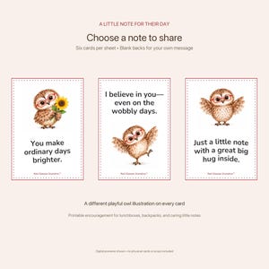 Könnte beinhalten: Drei rechteckige Karten mit roten gestrichelten Rändern und braunen Eulen-Illustrationen mit roter Brille. Der Text umfasst: A LITTLE NOTE FOR THEIR DAY, Choose a note to share, Six cards per sheet, You make ordinary days brighter, I believe in you—even on the wobbly days, Just a little note with a great big hug inside, A different playful owl illustration on every card, Printable encouragement for lunchboxes, backpacks, and caring little notes, Digital previews shown - no physical cards or props included.