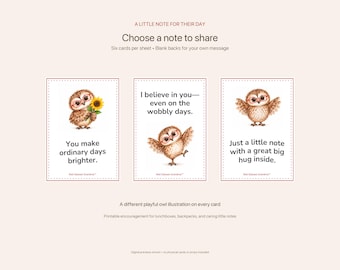 May include: Three rectangular cards with red dashed borders featuring brown owl illustrations wearing red glasses. Text includes: A LITTLE NOTE FOR THEIR DAY, Choose a note to share, Six cards per sheet, You make ordinary days brighter, I believe in you—even on the wobbly days, Just a little note with a great big hug inside, A different playful owl illustration on every card, Printable encouragement for lunchboxes, backpacks, and caring little notes, Digital previews shown - no physical cards or props included.
