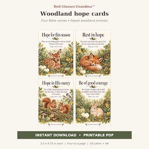All four printable woodland hope cards: fawn with Psalm 119:114, sleeping fox with Psalm 62:5, squirrels with Psalm 147:11, and bunny with Psalm 31:24. Green foliage, golden leaves, and cream pumpkins. Each card measures 3.5 by 4.75 inches.