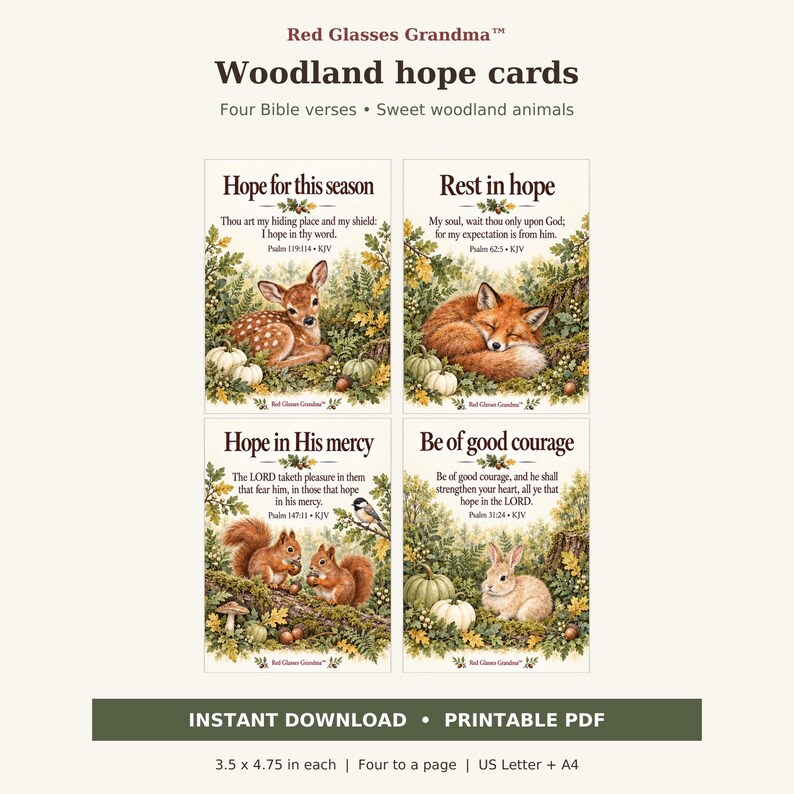 All four printable woodland hope cards: fawn with Psalm 119:114, sleeping fox with Psalm 62:5, squirrels with Psalm 147:11, and bunny with Psalm 31:24. Green foliage, golden leaves, and cream pumpkins. Each card measures 3.5 by 4.75 inches.