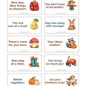 Second printable page of ten encouraging lunchbox notes with autumn animals and objects. Both US Letter and A4 PDFs contain the same twenty notes across two pages, ten per page.