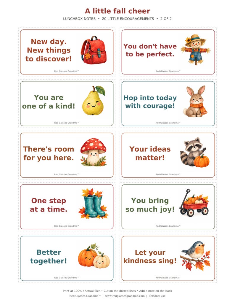 Second printable page of ten encouraging lunchbox notes with autumn animals and objects. Both US Letter and A4 PDFs contain the same twenty notes across two pages, ten per page.