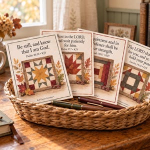 May include: A woven wicker basket containing four rectangular cards featuring autumn-themed quilt block illustrations and Bible verses. The cards display text including Be still, and know that I am God, Rest in the LORD, and wait patiently for him.