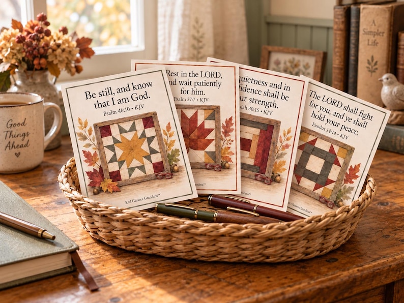 AI-generated lifestyle mockup of four 4x5 fall quilt Scripture cards fanned in a simple woven basket, with pens lying in front, on a sunny cottage writing desk. Basket and props are not included.