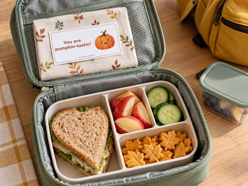 AI-generated lifestyle mockup: a pumpkin encouragement note on a fall napkin inside a sage school lunchbox beside a packed lunch. Listing includes printable PDF notes only; food and lunchbox are not included.