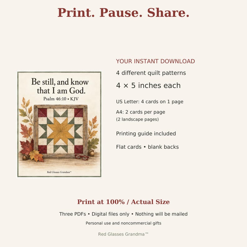 Three printable PDF files: US Letter with four 4x5 cards on one sheet, A4 with two cards per page across two landscape pages, and a printing guide. Print at 100 percent. Flat cards with blank backs; digital only.