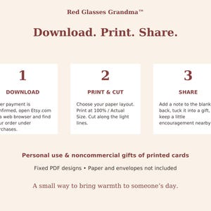 May include: An instructional graphic for Red Glasses Grandma featuring the text Download. Print. Share. It outlines three steps: 1 Download, 2 Print & Cut, and 3 Share. Additional text notes personal use, noncommercial gifts, fixed PDF designs, and no paper included.