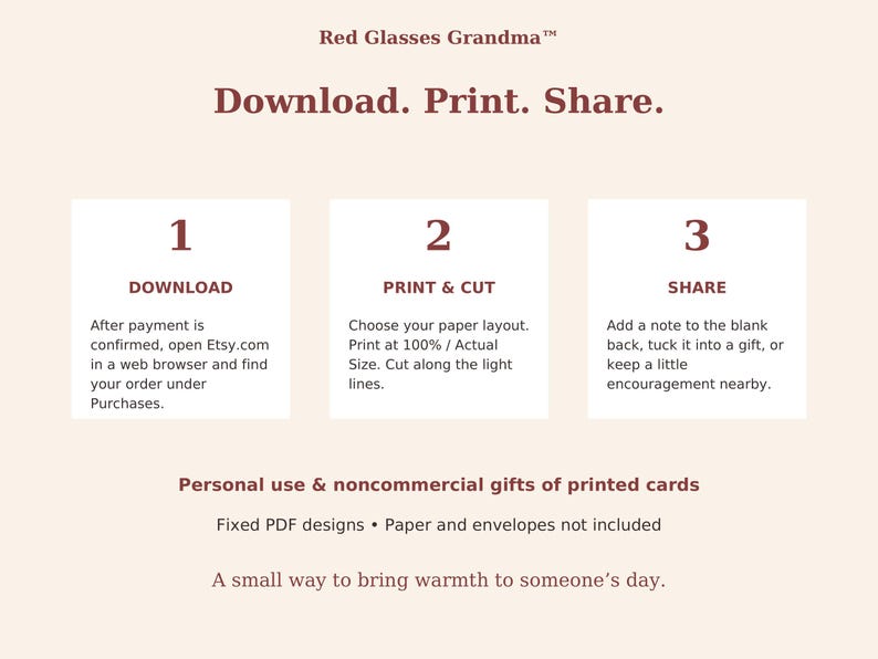 May include: An instructional graphic for Red Glasses Grandma featuring the text Download. Print. Share. It outlines three steps: 1 Download, 2 Print & Cut, and 3 Share. Additional text notes personal use, noncommercial gifts, fixed PDF designs, and no paper included.