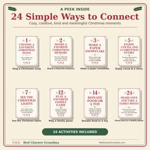 May include: A cream-colored informational card titled A PEEK INSIDE 24 Simple Ways to Connect, featuring eight numbered boxes with red text and illustrations of glasses. Each box lists a holiday activity like singing songs, sharing memories, or donating.