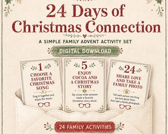Pode incluir: Um conjunto de download digital intitulado 24 Days of Christmas Connection da Red Glasses Grandma. O gráfico mostra três cartões de atividades num envelope recortado, numerados 1, 5 e 24, com texto vermelho, ilustrações de azevinho e ícones de óculos.