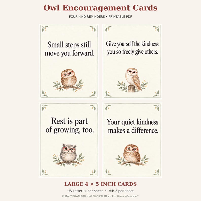 Four large 4 by 5 inch cream encouragement cards with kind wisdom messages and different watercolor-style owls wearing red glasses, framed with sage leaves. US Letter prints four per sheet; A4 prints two per sheet.